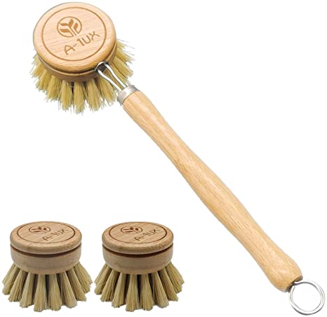 A-1ux Wooden Dish Brush, Bamboo Wood & Natural Bristle Tampico Fiber Washing Up Brushes with 2pcs Replacement Brush Heads for Pot Pan Dish Bowl Kitchen Cleaning