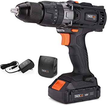 TACKLIFE PCD04C 20V Cordless Drill, Max Torque 310 In-lbs, 16 3 Position, 2.0Ah Lithium-Ion Battery, 2 Variable Speeds, 1/2" Metal Chuck, impact drill with LED for Wood, Metal, Cement