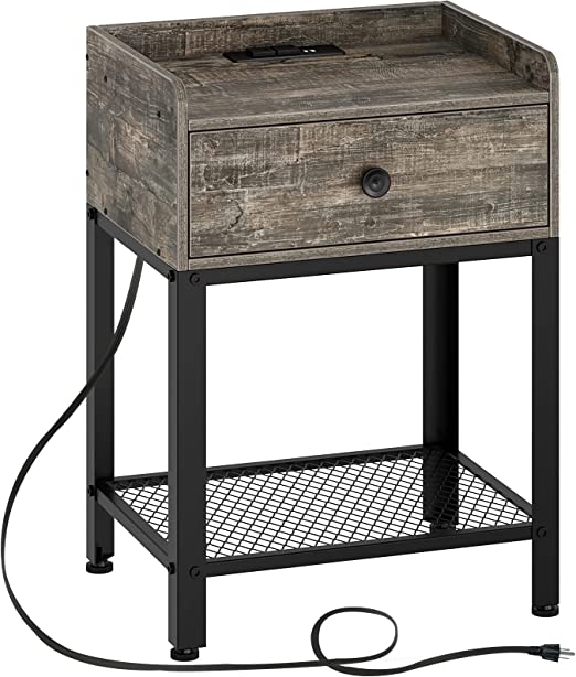 Rolanstar End Table with USB Ports & Power Outlets, Nightstand with Charging Station, Rustic Sofa Side Table with Storage Shelf and Drawer, Stable Metal Frame for Living Room, Bedroom Gray