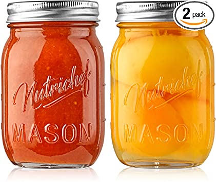 Mason Jars with Lids - 16oz DIY Magnetic Spice Jar Glass Container w/ Airtight Lid and Band - Ideal for Meal Prep, Overnight Oats, Jelly, Jam, Honey, Candles, Crafts, Wedding Favors (2 Pcs)