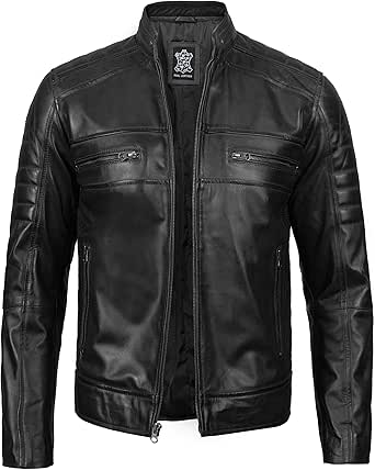 fjackets Cafe Racer Leather Jacket Men - Real Lambskin Natural Grain Leather Motorcycle Jackets For Mens