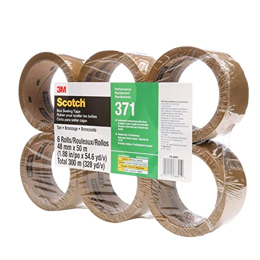 Scotch 371 Industrial-Grade Packing Tape, Tan, 48 mm x 50 m, High Performance Sealing Tape for Medium-Duty Commercial Box and Carton Sealing, Moving, Packaging and Shipping, 6 Pack