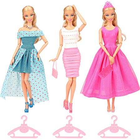 BARWA Lot 12 Items 3 Sets Fashion Casual Clothes Outfit Party Dress with 10 Accessories Bags Shoes Hangers Crown for 11.5 inch Girl Doll Xmas Gift