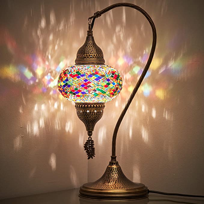 (18 Variations) CopperBull 2020 Turkish Moroccan Tiffany Style Handmade Colorful Mosaic Table Desk Bedside Night Swan Neck Lamp Light Lampshade, 19"