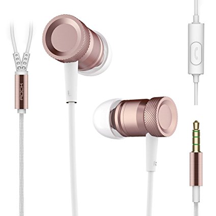 Earbuds with Microphone Metal Earphone ROCK Mula HiFi In-ear Headphone Stereo Cell Phone Headset Braided Cable Heavy Bass for iPhone iPad Samsung for Music Enthusiasts (rose gold)