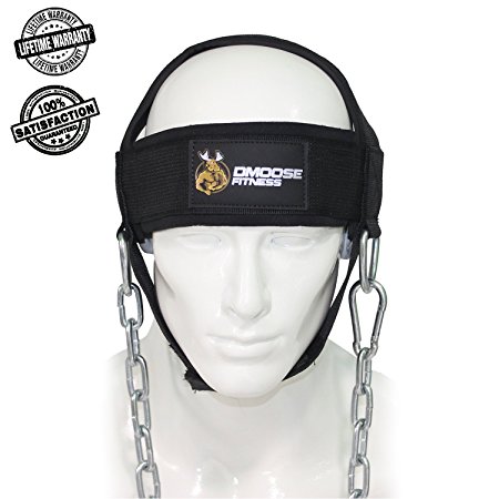 DMoose Fitness Neck Head Harness for Resistance Training. Extra-Heavy D-Rings and Steel Chain, Comfort Fit Neoprene, Superior Saddle Stitching. Build A Thicker Neck with Durable Exercise Neck Strap