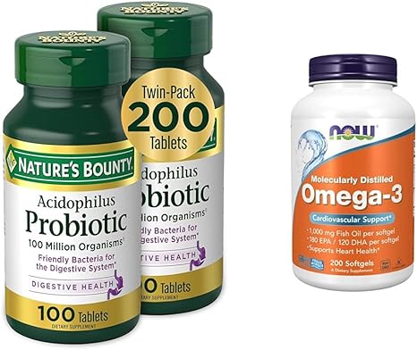 Nature's Bounty Acidophilus Probiotic, Daily Probiotic Supplement & Now Supplements, Omega-3 180 EPA / 120 DHA, Molecularly Distilled, Cardiovascular Support*, 200 Softgels