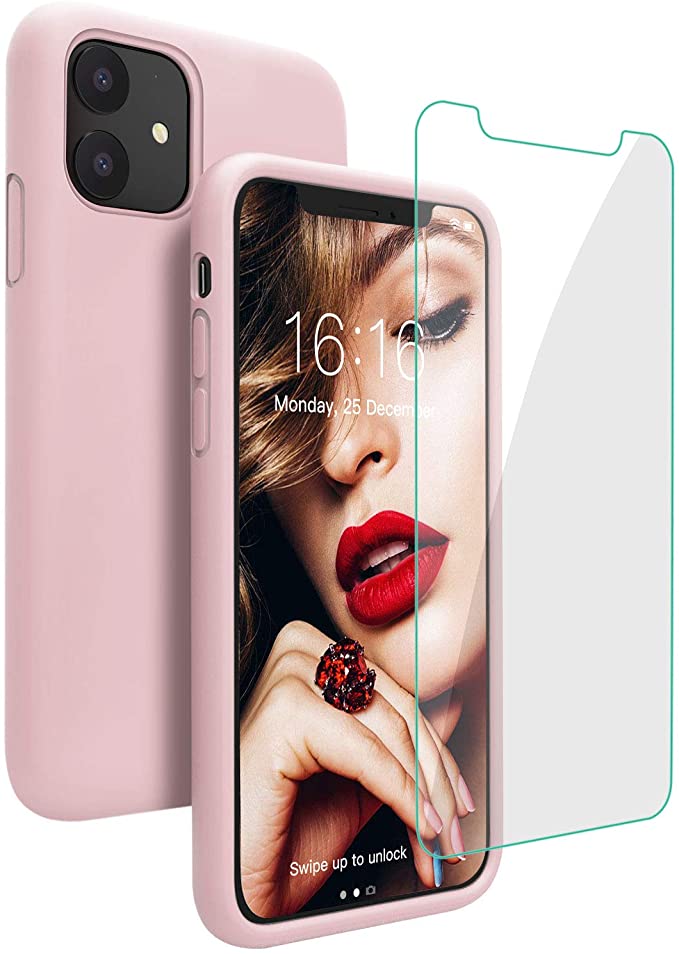JASBON Compatible with iPhone 11 Case,Silicone Shockproof Phone Case with [Tempered Screen Protector] Gel Rubber Drop Protection 6.1 inch Cover for iPhone 11 2019-Sand Pink