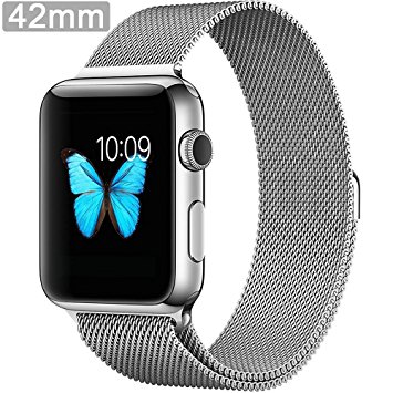 Apple Watch Band Series 1 Series 2, PUGO TOP® 42mm Silver Magnetic Milanese Loop Stainless Steel Bracelet Strap Replacement Wrist Band for Apple Watch Sport & Edition, 42mm Silver