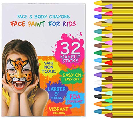 ThinkMax Face Paint Crayons for Kids, 32 Colors Body & Face Painting Kit, Safe for Sensitive Skin, Great for Halloween, Birthday, School Party
