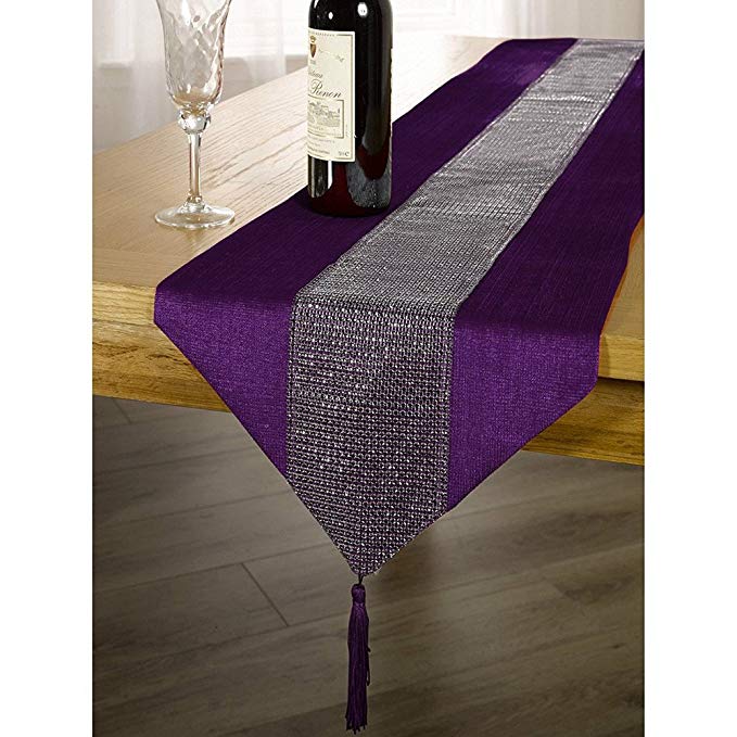 OZXCHIXU(TM 13inch x 72inch Table Runner with Diamante Strip and Tassels (Purple)