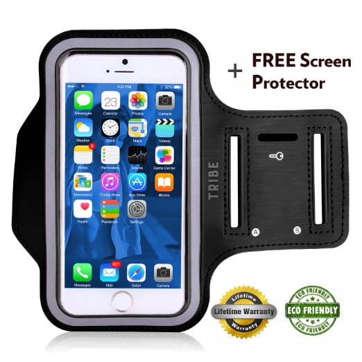 Tribe AB66 Water Resistant Sports Armband with Key Holder for iPhone 6 Plus 6S Plus 55-Inch Galaxy S6S5 Note 4 Bundle with Screen Protector - Black