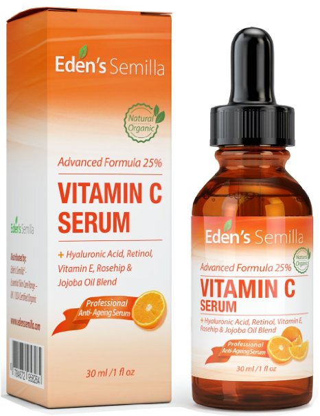25% VITAMIN C SERUM 30ml - BEST ANTI-AGING FORMULA - Hyaluronic Acid, Retinol, Vitamin E and Rosehip & Jojoba Oil Blend. Best anti-ageing serum for the face - promotes the skin's natural defences, replaces lost moisture and dramatically reduces fine lines and wrinkles. A natural blend of clinically proven ingredients. Firmer, softer healthier looking skin....