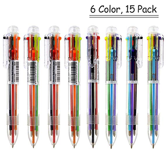 Rommeka Retractable Roller Ball Pens, Pack of 6 Assorted Colors, Gel Ink Pens, Multi Color Ink, Transparent Barrel - 15 Pack