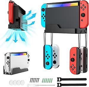 MoKo Wandhalterung für Nintendo Switch/Switch OLED, Metall Halterung mit 4 Joy-Con Haken, Schnelle Wärmeableitung Löcher, Aufbewahrung des Switch in der Nähe oder hinter dem Fernseher, Schwarz