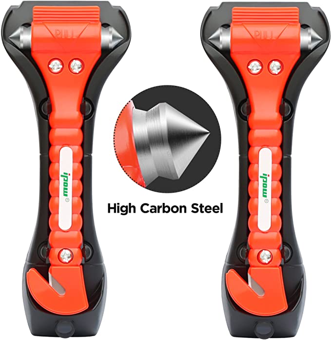 2 PCS High Carbon Steel Hard IPOW Car Safety Hammer Escape Tool With Antiskid Seatbelt Cutter, Life-Saving Emergency Glass/Window Punch Breaker Auto Rescue Disaster Hammer