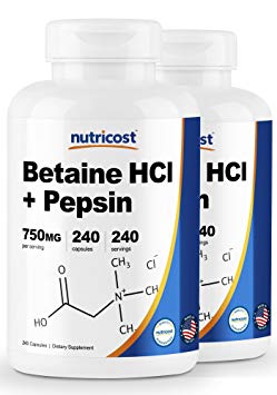 Nutricost Betaine HCl   Pepsin 750mg, 240 Capsules, 2 Bottles (480 Capsules) - Gluten Free & Non-GMO