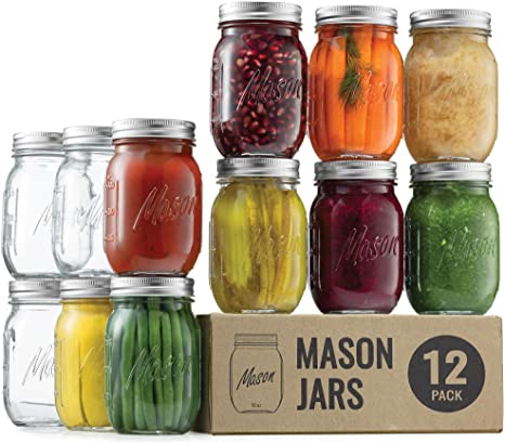 Regular Mouth Glass Mason Jars, 16 Ounce (12 Pack) Glass Canning Jars with Silver Metal Airtight Lids and Bands with Measurement Marks, for Canning, Preserving, Meal Prep, Overnight Oats, Jam, Jelly,