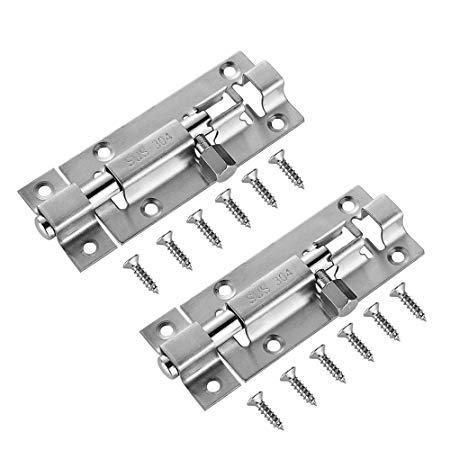 JQK Barrel Bolt Lock, 304 Stainless Steel Thickened 1mm Door Latch, 3 Inch Brushed Finished, 2 Pack HBB110-P2