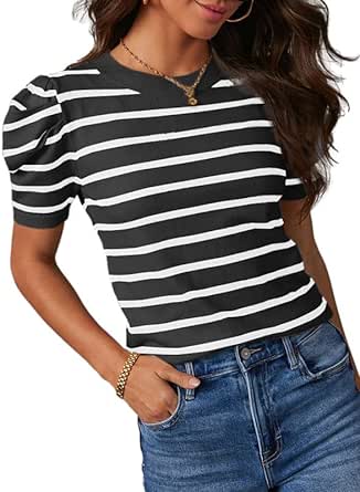 Dokotoo Women's Short Puff Sleeve Knit Tops 2024 Trendy Crewneck Striped T Shirts Casual Summer Blouses