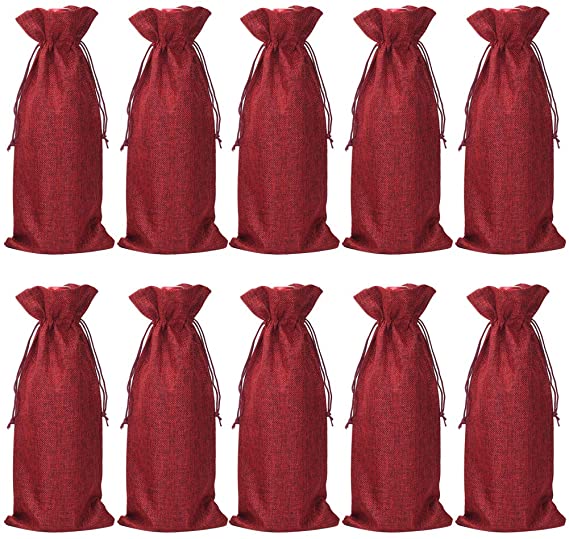 HRX Package Pack of 10 Burlap Wine Bags with Drawstring for Christmas, 14 x 6 1/4 inches (Red)