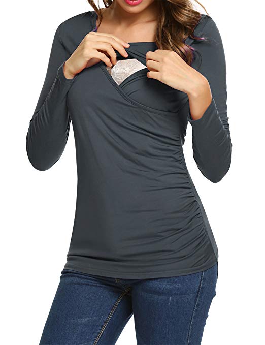 Ekouaer Women's Maternity Nursing Tops Modal Long Sleeve Ruched Breastfeeding T-Shirt S-XL