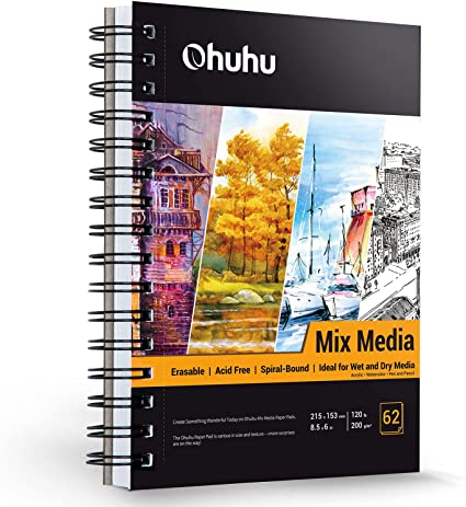 Mix Media Pad, Ohuhu 8.5"x6" Mixed Media Art Sketchbook, 120 LB/200 GSM Heavyweight Papers, 62 Sheets/124 Pages, Spiral Bound Mixed Media Paper Pad for Acrylic, Painting Back to School Christmas Gift