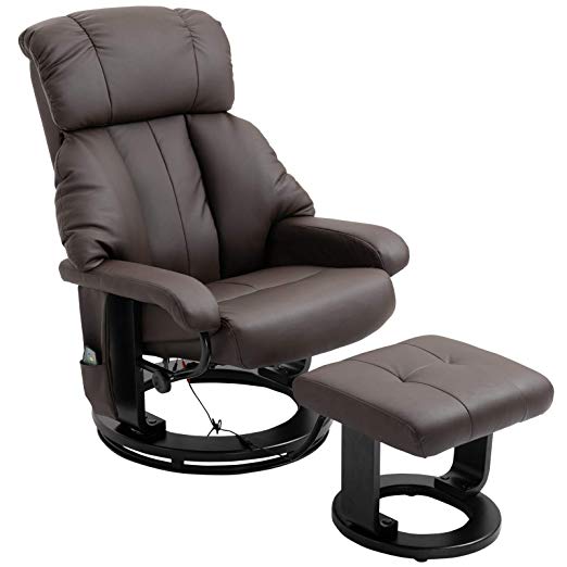 HOMCOM PU Leather Massage Swivel Recliner Chair and Ottoman with Bentwood Base - Brown