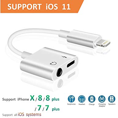 Cone Lighting to 3.5mm Aux Headphone Jack Audio Adapter Compatible Phone 7/8 / X / 7 Plus / 8 Plus (Support iOS 10.3, iOS 11), Cone 2 in 1 Lighting Adapter and Charger (White)