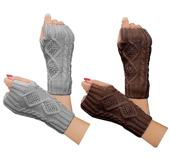 2 Pairs Women Winter Warm Knit Fingerless Gloves Hand Crochet Thumbhole Arm Warmers Mittens