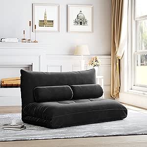 Harper & Bright Designs Adjustable Floor Sofa Couch with 2 Pillows, Foldable Lazy Sofa Sleeper Bed for Reading Gaming Sleeping(Black)