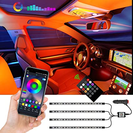 Reignet Interior Car LED Strip Lights, 4pcs 72 LED APP Controlled Lighting Kits Multicolor Music Car Led Light Strips Under Dash Lighting Kit For DIY Car Indoor Party with Car Charger, DC 12V