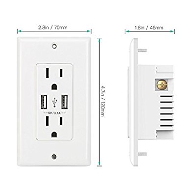 OOLLWW 3.1A High Speed Duplex Receptacle USB Charger Outlet, USB Wall Charger, Electrical Outlet with USB, 15A TR Receptacle, Screwless Wall Plate, for iPhone X, iPhone 8/8 Plus and more, White