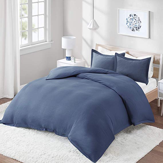 Comfort Spaces - Soft Cotton Blended Jersey Duvet Cover Set with 2 Pillow Shams (Queen, Navy Blue) - Simple and Durable - Bedding Duvet Covers with Button Closure