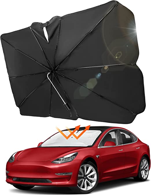 JOYTUTUS Windshield Sun Shade Compatible with Tesla Model 3 Model Y, 360° Rotation Bendable Shaft Foldable Umbrella, UV Rays Block, Easy to Store and Use