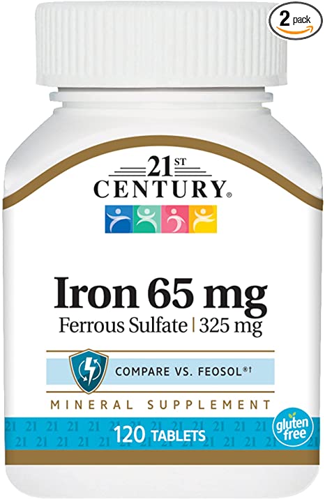 21st Century Iron 65 Mg Ferrous Sulfate 325 Mg Tablets, 120 Count (Pack of 2)