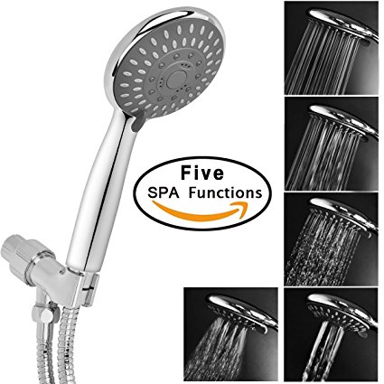 Aoche 5 Function Luxury Handheld Shower Head with Hose and Bracket Holder, Massage, Rainfall, Spa Experience, High Pressure, Water Saving, Easy Installation, Chrome Finish