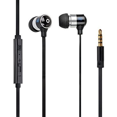 In-ear Stereo Headphones Black with Strong Bass Flat Cable Hands Free Microphone Volume Control Call Button Silicone Tips Earbud Sport Grips and Carrying Pouch