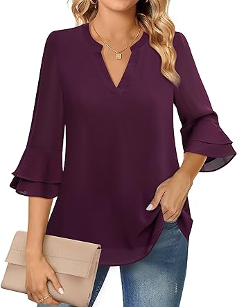 Lotusmile Womens Tops Dressy Casual 3/4 Tiered Bell Sleeve Blouses Double Layered Chiffon Work Tunic Shirts