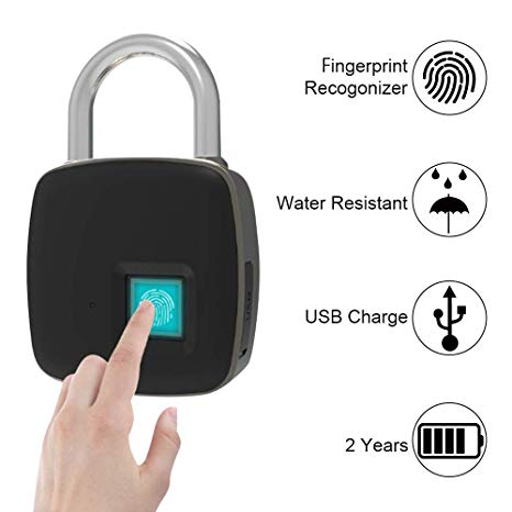 Win-digital Fingerprint Padlock,Waterproof Bluetooth Connection Padlock, Suitable for House Door, Suitcase, Backpack,Office, Suitable for Android/iOS, Support USB Charging