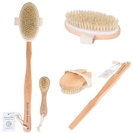 Asilin 100% Natural Dry Body Brush & Face Brush Set for Dry Brushing- Natural Bristles Shower Brush with Long Handle - Exfoliate Skin, Reduce Cellulite & Improve Circulation