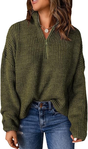 EVALESS Sweaters for Women Waffle Kint Long Sleeve 1/4 Zip Pullover Polo V Neck Sweater