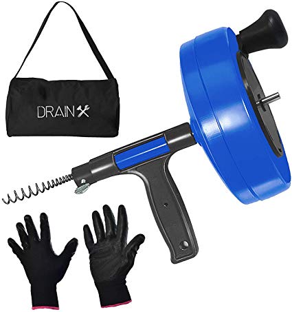 DrainX Power Pro 35-FT Steel Drum Auger Plumbing Snake with Drill Adapter | Heavy Duty Drain Snake Cable with Work Gloves and Storage Bag- Blue.