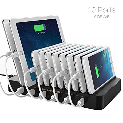 FlePow® 10-Port USB Charging Station Dock with Built-in Charge Cables(Patented Retractable Design) Organizer for Smart Phones & Tablets, Black