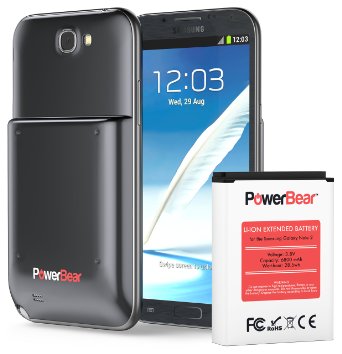 PowerBear Samsung Galaxy Note 2 6800mAh Extended Battery & Back Cover (Up to 2.5X Extra Battery Power) - Metallic Black [24 Month Warranty & Screen Protector Included]