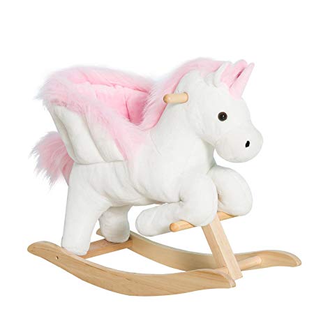 Qaba Kids Wooden Plush Ride-On Unicorn Rocking Horse Chair Toy with Sing Along Songs and Safety Seatbelt