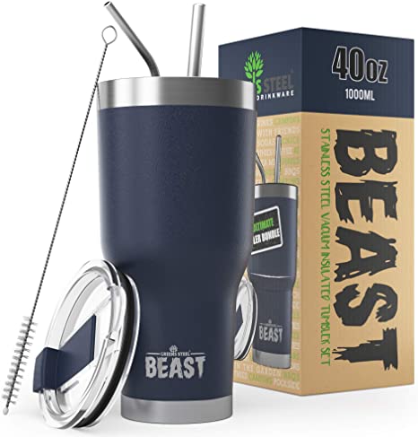 BEAST 40oz Navy Blue Tumbler - Stainless Steel Insulated Coffee Cup with Lid, 2 Straws, Brush & Gift Box by Greens Steel