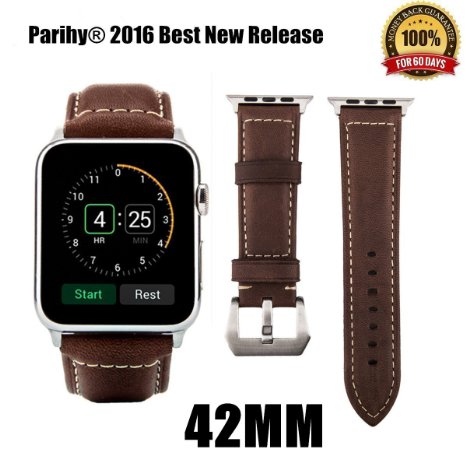 Apple Watch Band, Parihy® Top-class Genuine Leather Band 42mm W Metal Adapter Clasp Replacement Wrist Band for Apple Watch & Sport Edition (Handmade in Italy)(42mm, Coffee Brown)