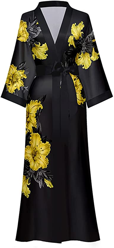 Long Kimono Robe for Women, Satin Sleepwear Silky Bathrobe Bachelorette Robe, Lightweight & Soft Floral