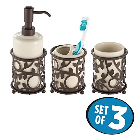 mDesign Decorative Ceramic Soap Dispenser Pump, Toothbrush Holder Stand, Tumbler for Bathroom Vanities - Set of 3, Vanilla/Bronze